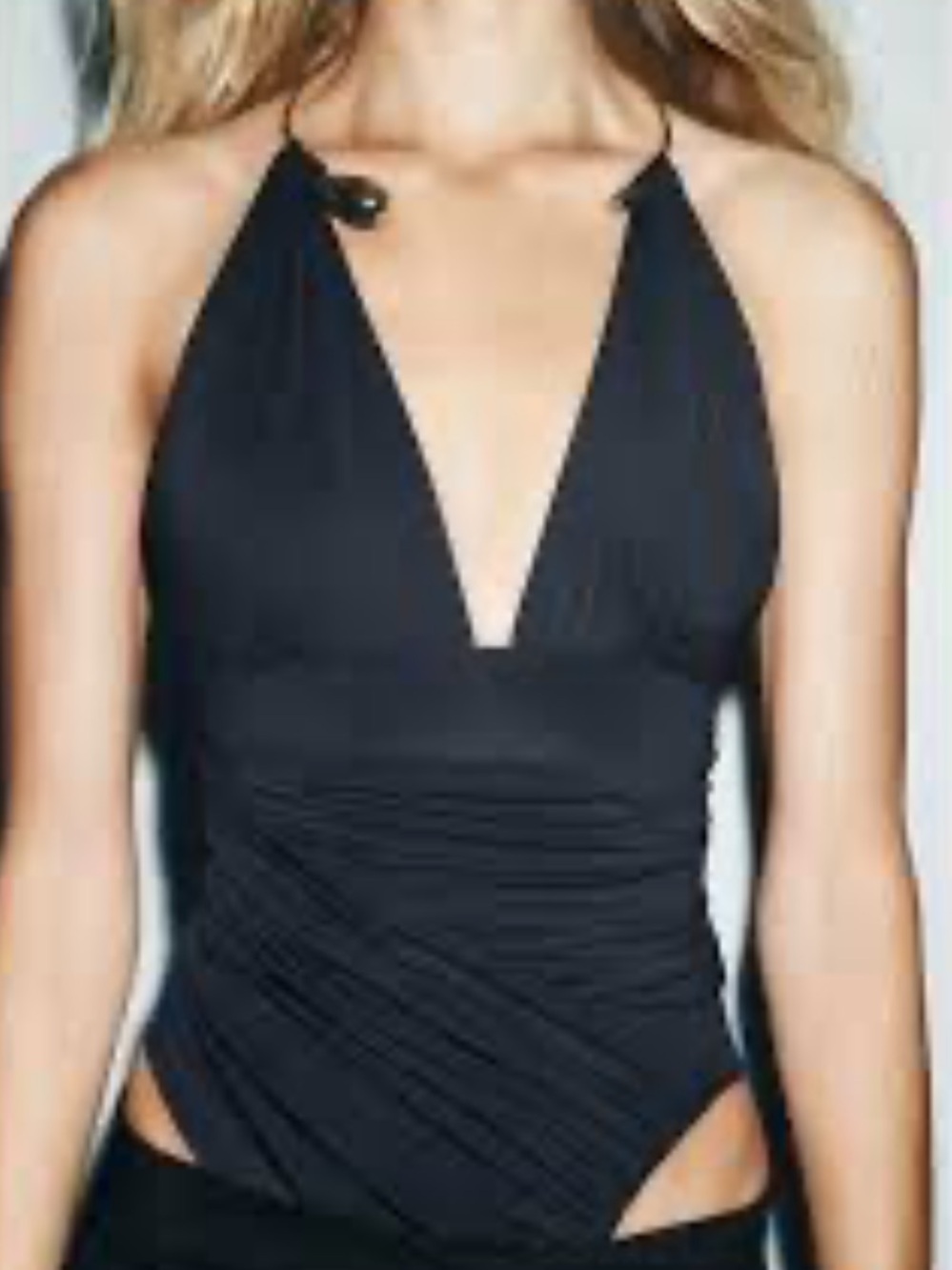 Zara Black Halter Ruched Deep-V Bodysuit with gold choker detail NWT
